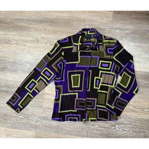 Finity Studio Sz 4 Purple Green 100% Silk Geometric Button Up Front Blouse Shirt
